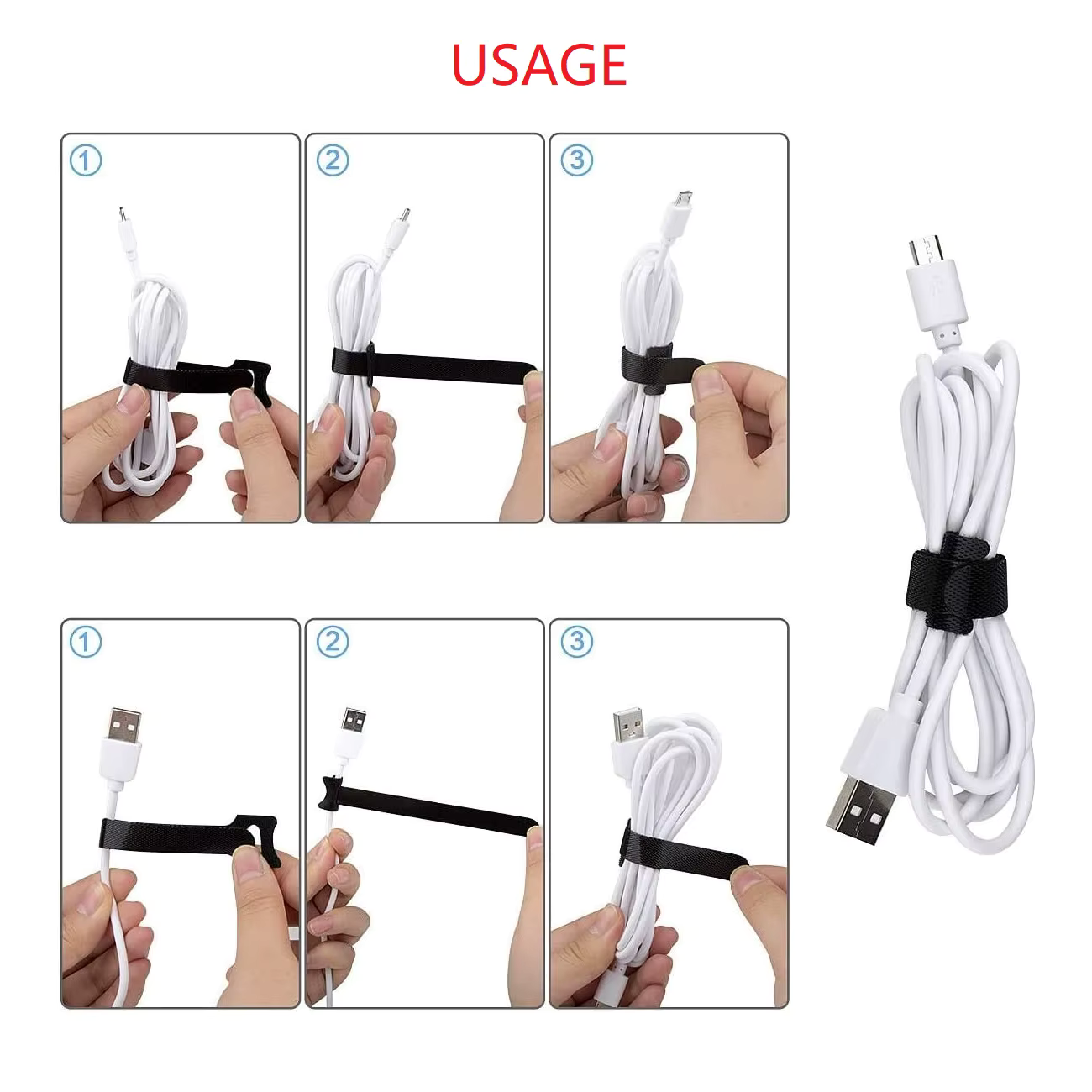 Schwarze, wiederverwendbare Klettbänder, 12 mm x 200 mm